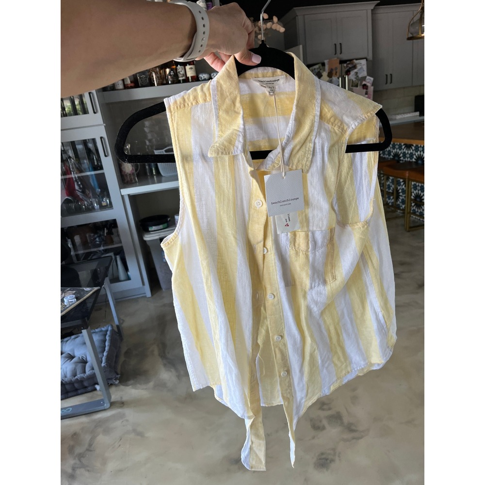 Beachlunchlounge Yellow White Striped Linen Cotton Tie Front Sleeveless Shirt S